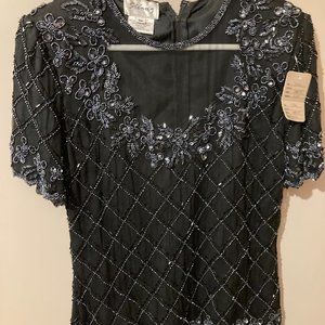 "STE'NAY" Blouse top black silk with front sheer